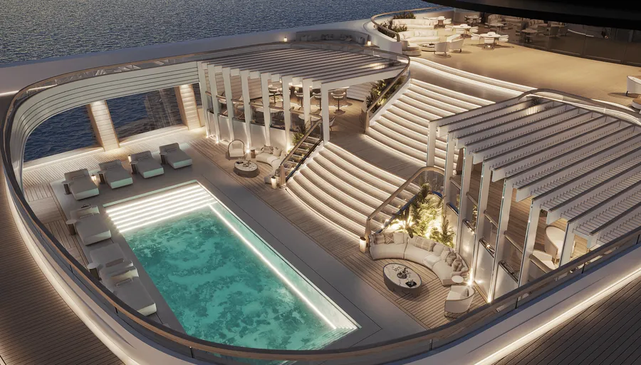 Pooldeck der ULYSSIA mit Liegen und Pergolen in der Dämmerung, Visualisierung aus der Meldung von Chenot